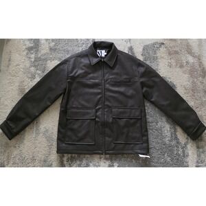 Topman Mens Dark Brown Faux Vegan Leather Trucker‎ Jacket Size S Quilted Lined